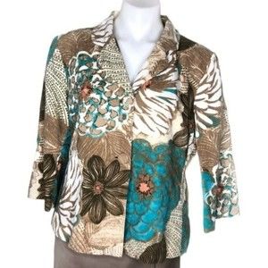 CHICOS Turquoise Tan Cream Floral Jacket Blazer Size 2 US Large
